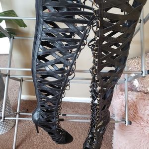 Black open toe thigh high sandal boot